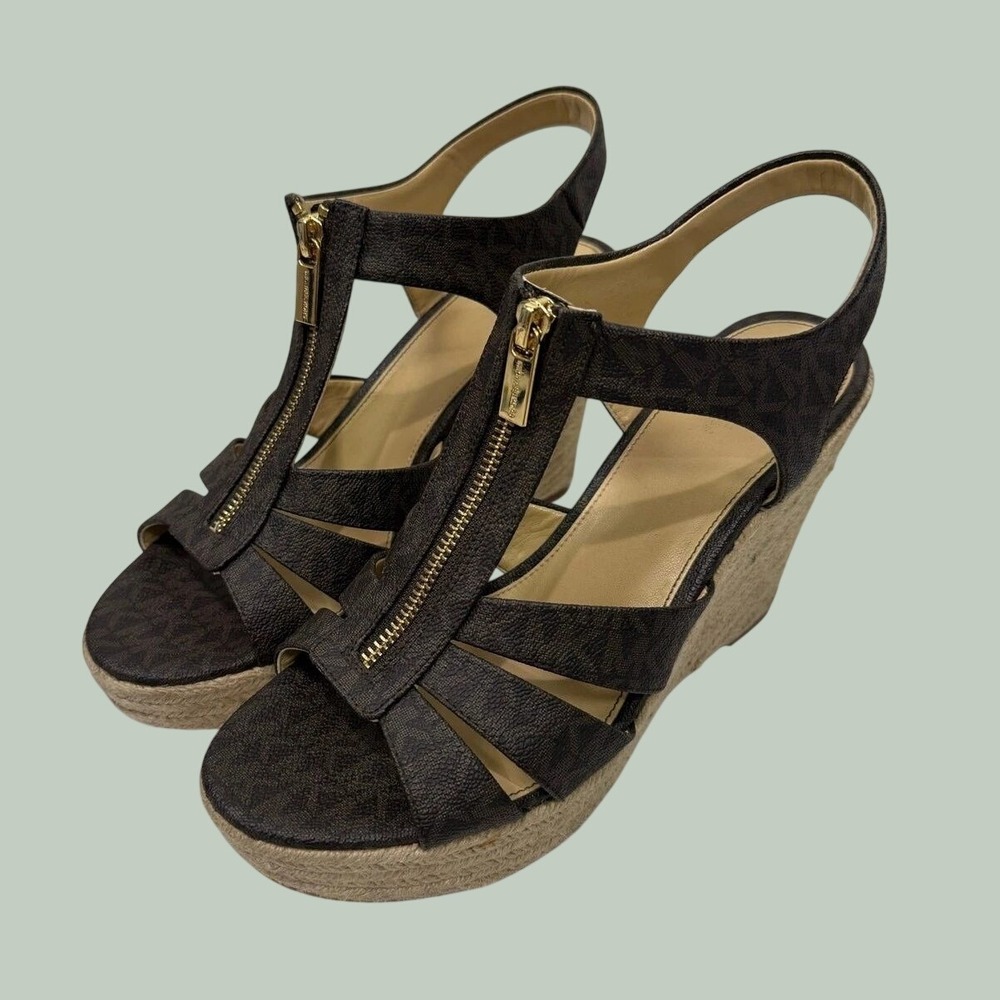 Michael Kors Berkley Women's Brown MK Logo Espadrille Wedge Zip Sandals Size 9.5 - Picture 2 of 6